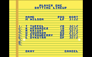 Championship Baseball (Commodore 64) screenshot: Setting up your team