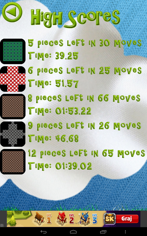 Peg Solitaire Saga (Android) screenshot: The list of our high scores.