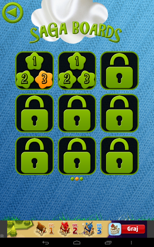 Peg Solitaire Saga (Android) screenshot: Level selection in Saga mode. The orange three means that I've finished that level with three pegs left.