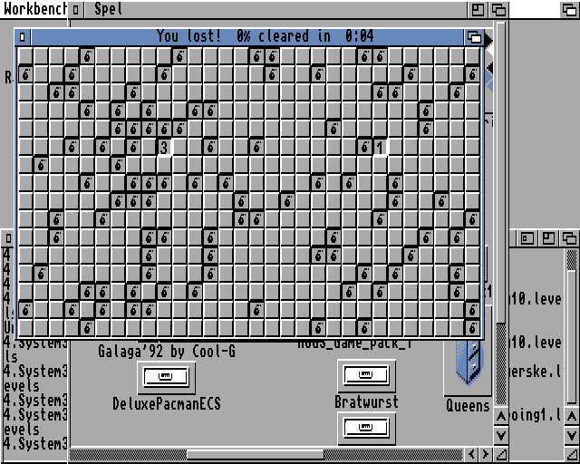 <small>AMines (Amiga) screenshot:</small><br> There is no "safe start" option in this game