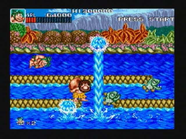 Joe & Mac: Caveman Ninja (Zeebo) screenshot: Stage three is a short but busy one. The player progresses jumping from log to log in a running river.