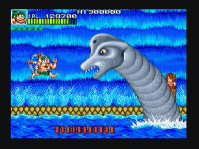 Joe & Mac: Caveman Ninja (Zeebo) screenshot: At the base of the waterfall the boss, a water dwelling sauropod, awaits.