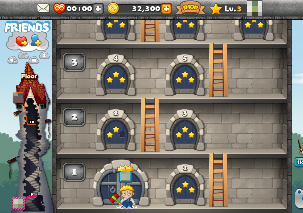 MonsterBusters (Browser) screenshot: The floors. I have completed these levels so that's why they have stars on the door. (Personal name and pictures blurred for privacy)