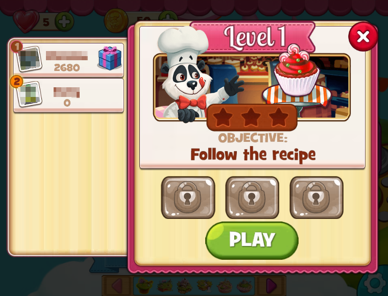 Cookie Jam (Browser) screenshot: Starting level 1 (Personal names/photos blurred for privacy)