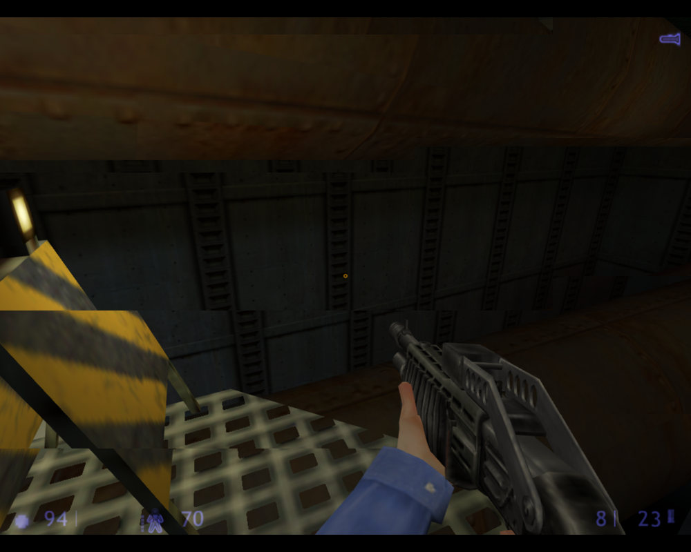 Half-Life: Blue Shift (Linux) screenshot: To get past the broken bridge, I need to use this pipe as a make-shift bridge.