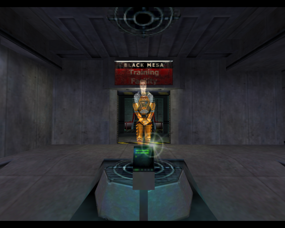 Half-Life (Linux) screenshot: Your holographic guide in the Hazard Course.