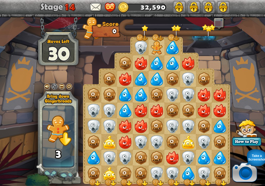 MonsterBusters (Browser) screenshot: On this stage, I have to get the gingerbread men to the bottom of the board to rescue them. (Personal name and pictures blurred for privacy)