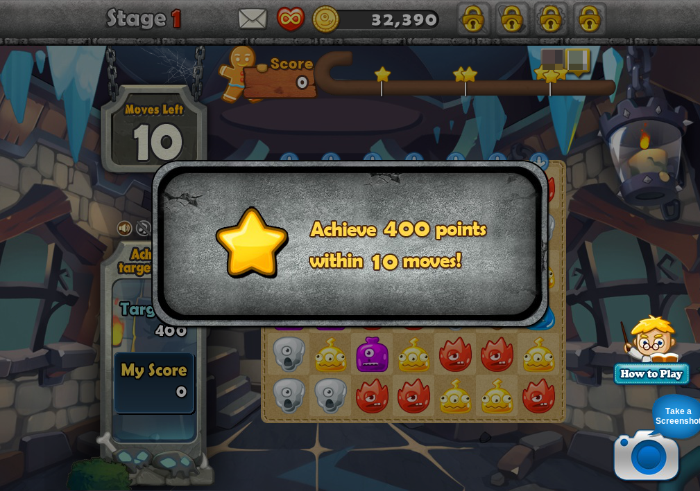 MonsterBusters (Browser) screenshot: The stage's goal is made clear. (Personal name and pictures blurred for privacy)