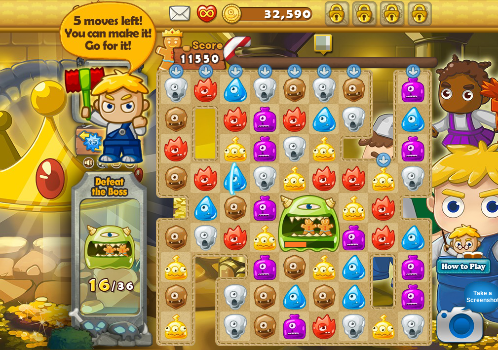 MonsterBusters (Browser) screenshot: I am down to five moves left. (Personal name and pictures blurred for privacy)