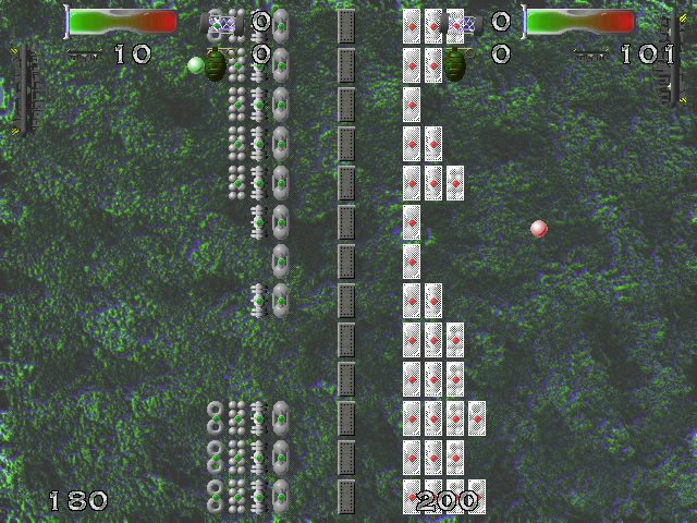 Booym (Windows) screenshot: Here a power up has temporarily made the computer opponent's blocks harder to break