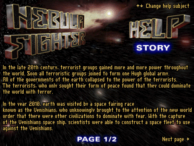 Nebula Fighter (Windows) screenshot: The first page of the game's backstory
