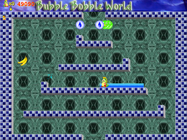 Bubble Bobble World (Windows) screenshot: The water stream move you down faster.