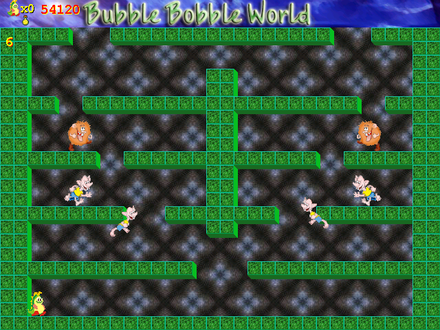 Bubble Bobble World (Windows) screenshot: Level six: a new enemy type that also can shoot you.