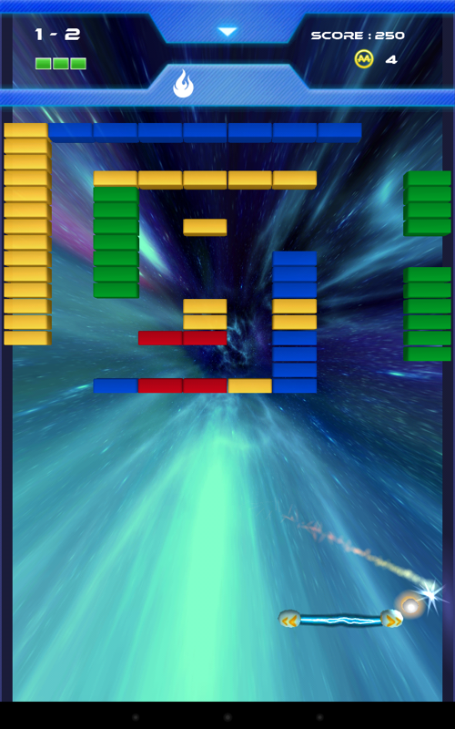 Smash (Android) screenshot: The effects of the "Fire" powerup. The ball smashes right through all the bricks, and the space-like background zooms out.