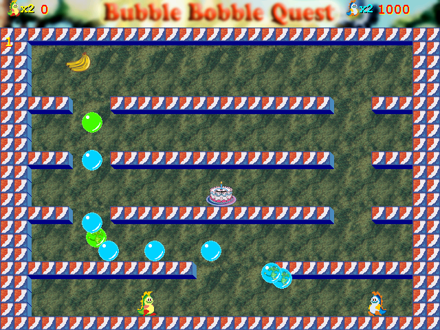 Bubble Bobble Quest (Windows) screenshot: Start of a game with two players: each player has different bubble colours.