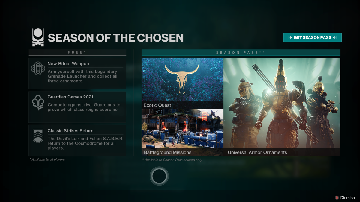 Destiny 2: Season of the Chosen Silver Bundle (Xbox One) screenshot: Season of the Chosen in-game info