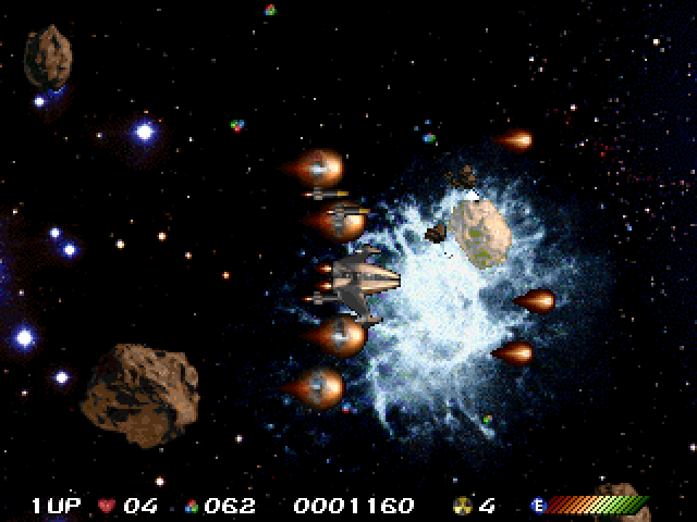 Nebula Fighter (Windows) screenshot: The more upgrades the player collects the bigger their ship gets and the harder it becomes to dodge the oncoming ships and asteroids