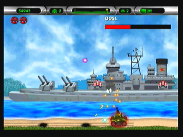 Heavy Weapon Deluxe (Zeebo) screenshot: The second boss is this huge battleship.