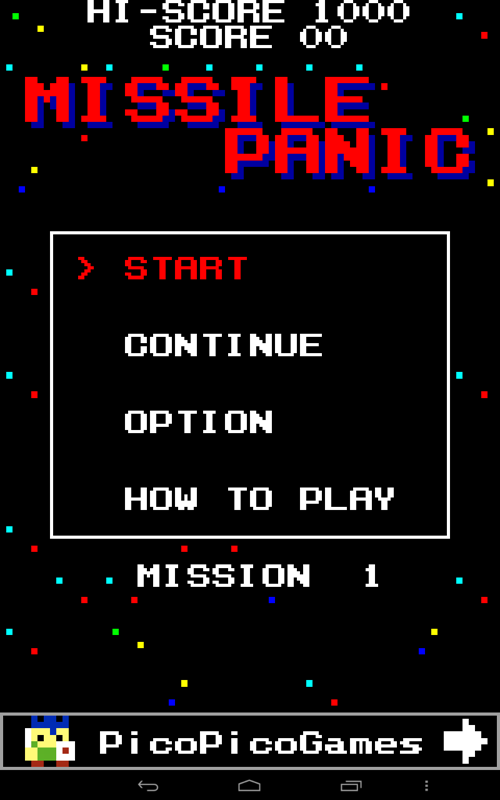 Missile Panic (Android) screenshot: Main menu