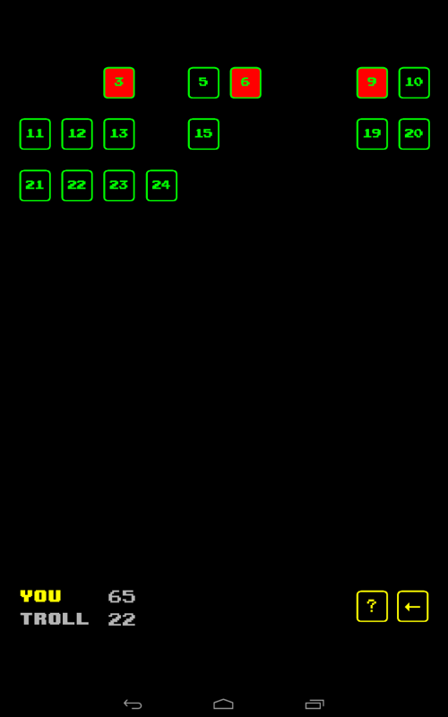Troll Factor (Android) screenshot: I just picked 18; troll takes 3, 6 and 9.