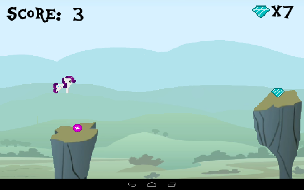 Hop Skip and Jump (Android) screenshot: Rarity the unicorn and her power-up, which will give her the ability to teleport.