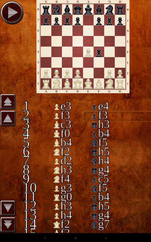 Chess (Android) screenshot: A review of the game so far. As you can see, the coordinates display is buggy--the row number is one lower than it should be (as of v1.0.3.)