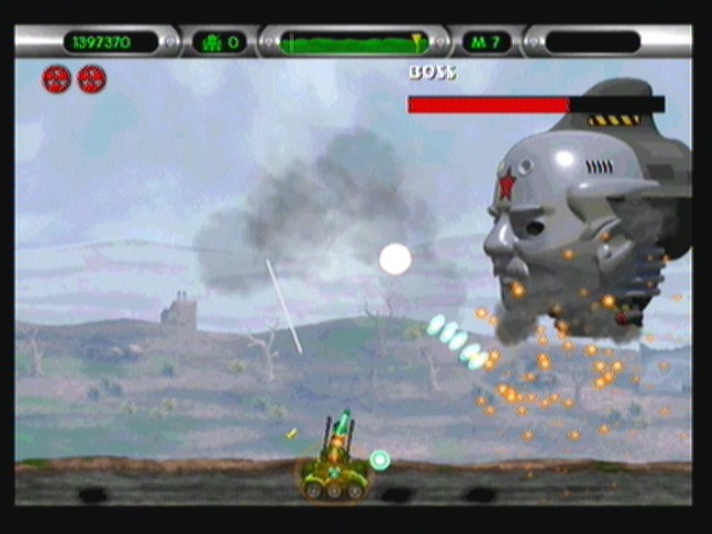 Heavy Weapon Deluxe (Zeebo) screenshot: The seventh boss, Bustczar, attacks with homing missiles.