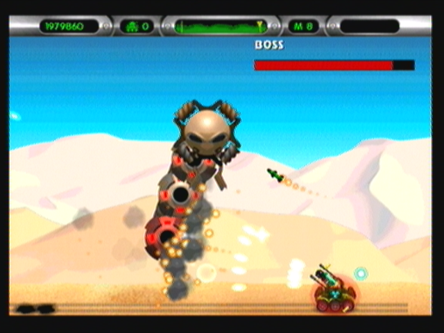 Heavy Weapon Deluxe (Zeebo) screenshot: The eight boss, Mechworm, will rise from the ground and the player must clear the way to avoid being destroyed.
