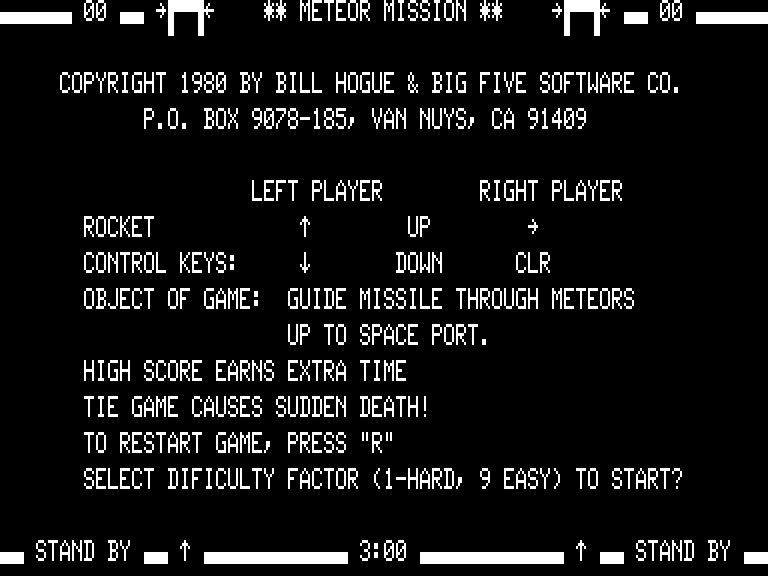 Meteor Mission (TRS-80) screenshot: Title + instructions