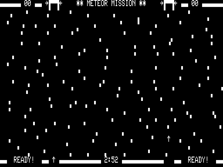 Meteor Mission (TRS-80) screenshot: Highest difficulty with lots of meteors