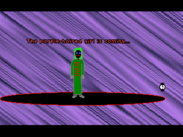 Mika's Surreal Dream II: The Dream Comes True!? (Windows) screenshot: Green creature is talking about Mika