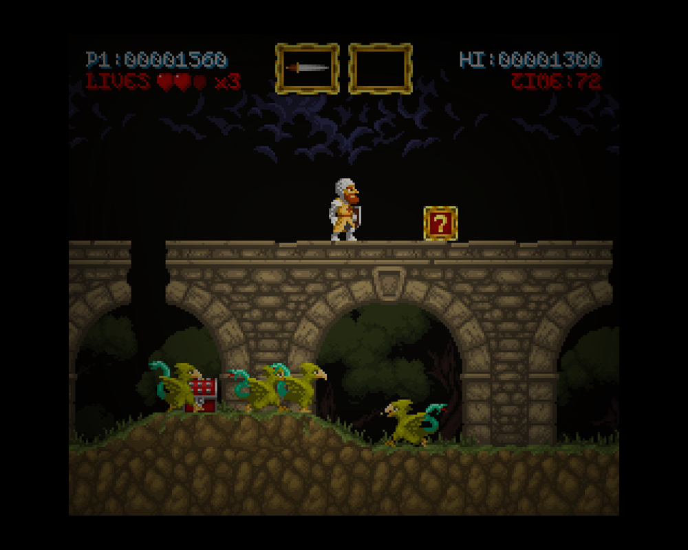 Maldita Castilla (Linux) screenshot: I opened a treasure chest. I can gain a new weapon. If I grab the question mark, my weapon given will be randomly chosen.