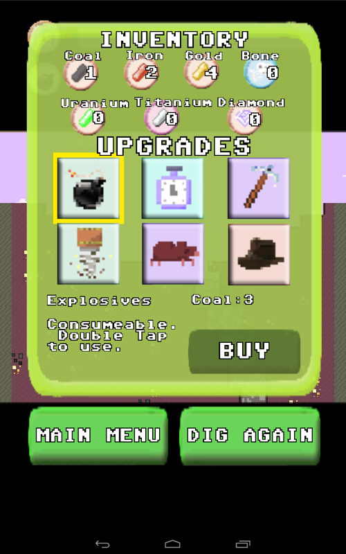 Dig to China (Android) screenshot: The upgrade shop. Right now we have very little resources.