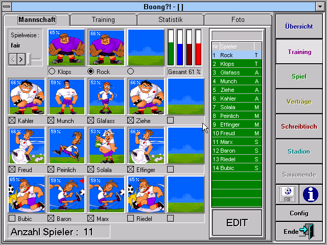 Boong!?: Die ultimatiefe Fußballsimulation (Windows 3.x) screenshot: Set up your team