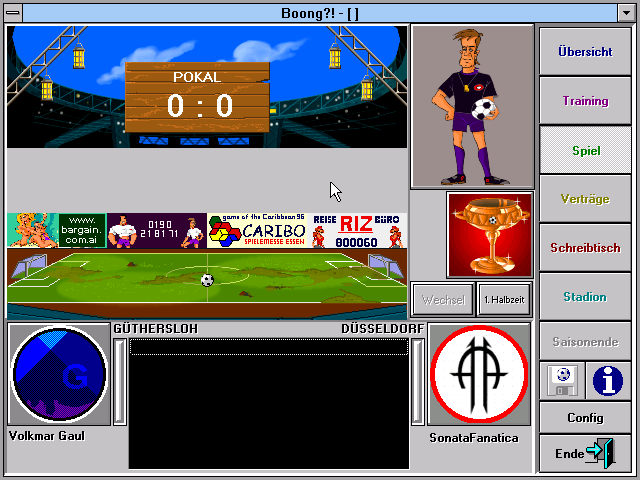 Boong!?: Die ultimatiefe Fußballsimulation (Windows 3.x) screenshot: Stadium (this is where the matches happen - you only see the ball moving, the rest is described in text boxes below)