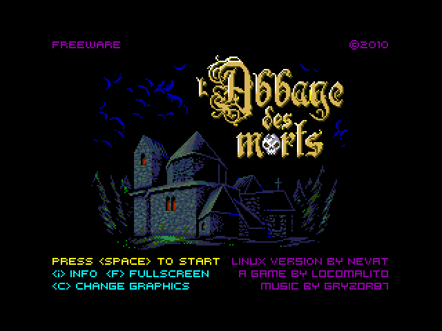 l'Abbaye des Morts (Linux) screenshot: Title, main menu and credits (16-bit graphics)