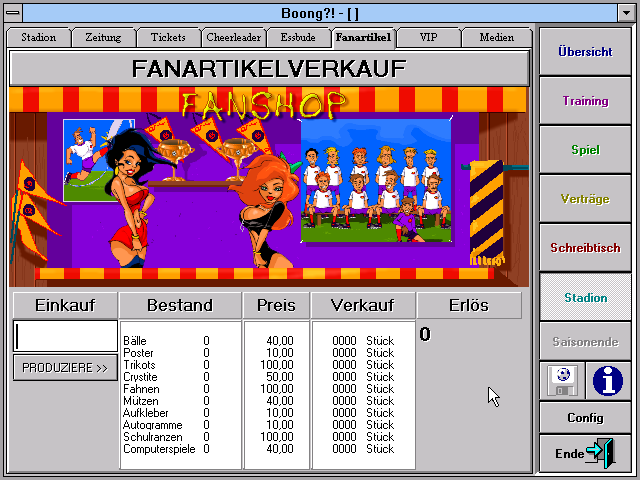 Boong!?: Die ultimatiefe Fußballsimulation (Windows 3.x) screenshot: Merchandise booth