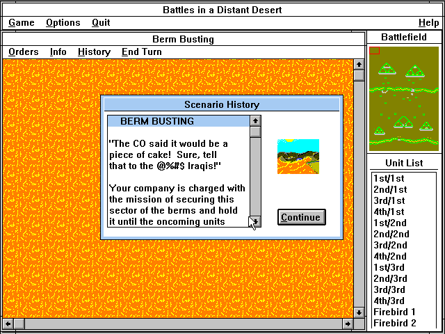 Battles in a Distant Desert (Windows 3.x) screenshot: Each scenario has a backstory