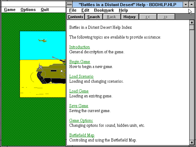 Battles in a Distant Desert (Windows 3.x) screenshot: Many options are accessed via the menu bar, this is the in-game help file