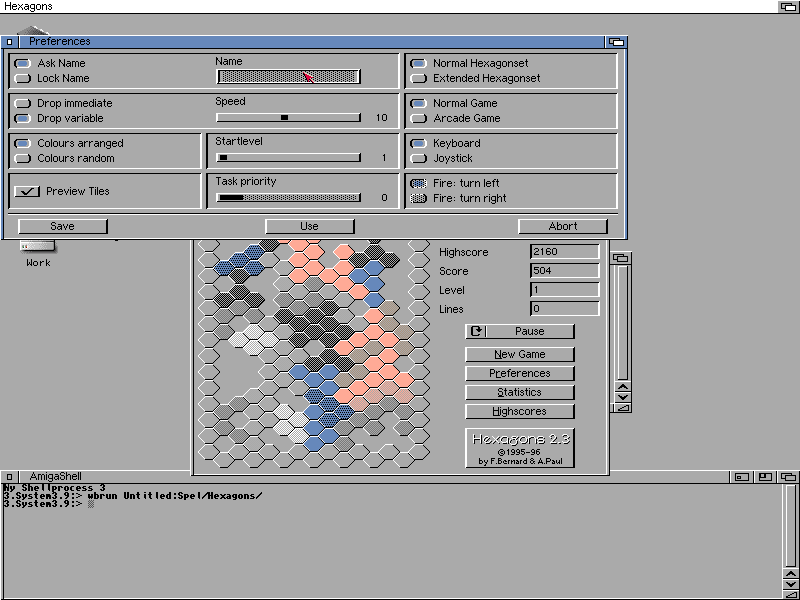 Hexagons (Amiga) screenshot: Settings