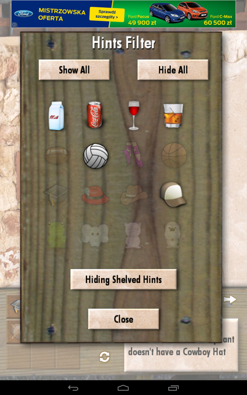 Real Einstein's Riddle (Android) screenshot: You can choose to only view hints that mention specific drinks, hats, etc.