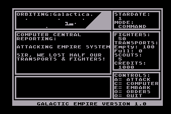 Galactic Empire (Atari 8-bit) screenshot: An Unsuccessful Attack