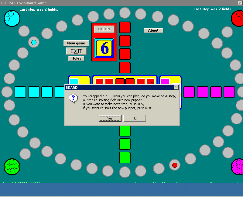 Board Game for Windows (Windows) screenshot: A game in progress. Here the player has thrown a six and has the choice of moving their existing token six spaces or bringing a new one into play