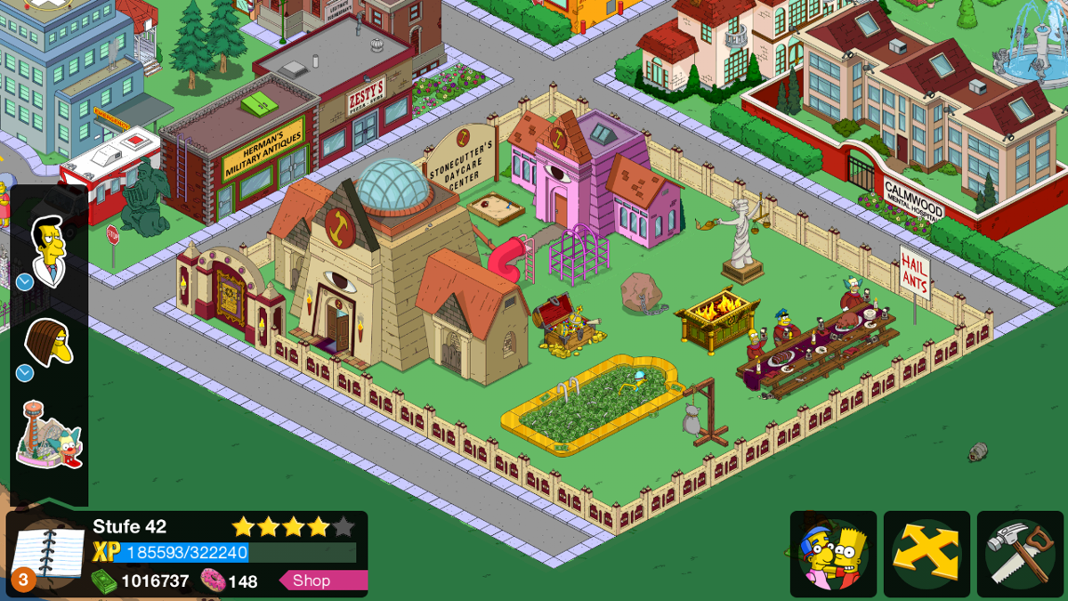 The Simpsons: Tapped Out (Android) screenshot: The Stone Cutter buildings with some Stone Cutters.
