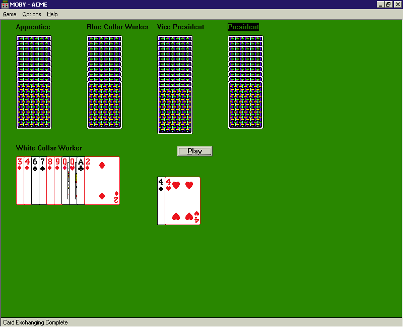 Acme (Windows) screenshot: A game in progress. In this game suits don't have any significance it's the rank that counts