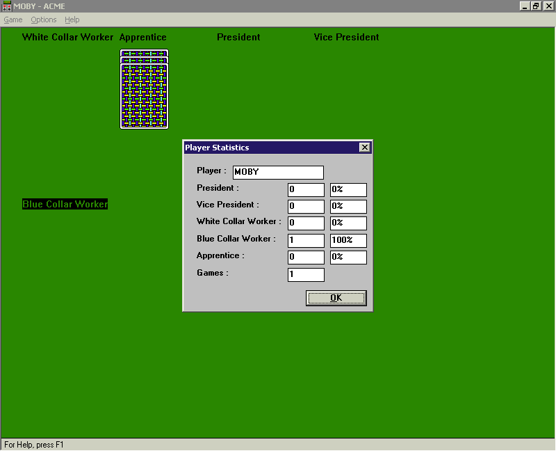 Acme (Windows) screenshot: The game maintains statistics showing how many times the player has played in each role