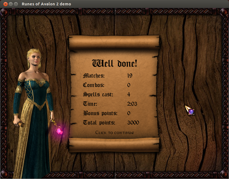 Runes of Avalon 2 (Linux) screenshot: After-level stats