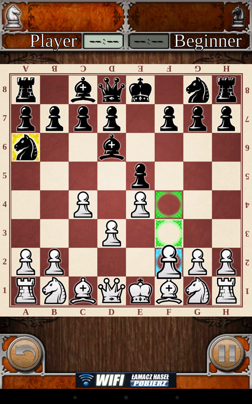 Chess (Android) screenshot: Colors mark the squares available for our pawn to move to. The yellow square marks the most recently moved opponent's piece.