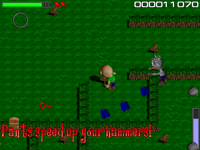 The Adventures of Bouapha: Spooky Castle (Windows) screenshot: Pants of power speed up the hammers