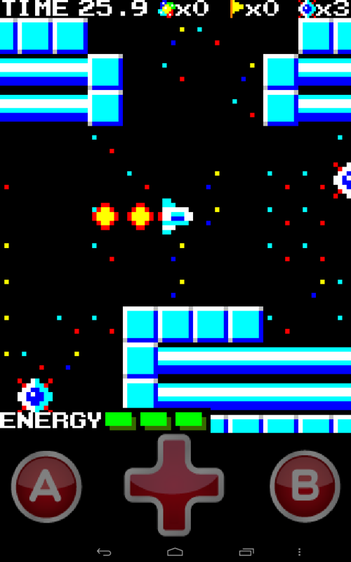 Missile Panic (Android) screenshot: The energy cores you have to destroy. The status bar says that there are three cores left.